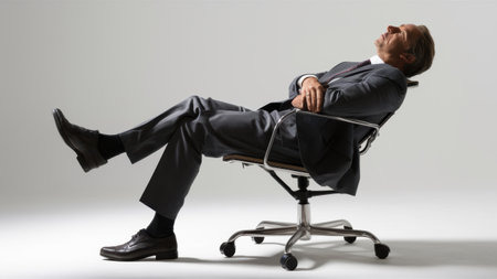 A man in a suit and tie sitting on an office chair, AIの素材