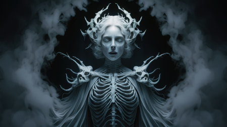 A woman with a skeleton face and hair in the clouds, AIの素材