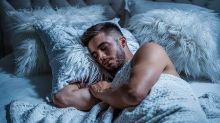 A man sleeping on a bed with white pillows and blankets, AIの素材