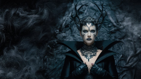 A woman with a black dress and horns on her head, AIの素材