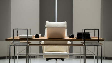 A white chair sitting on a wooden desk with some books, AIの素材