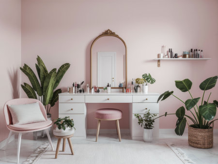 A pink and white room with a desk, chair, mirror and plants, AIの素材