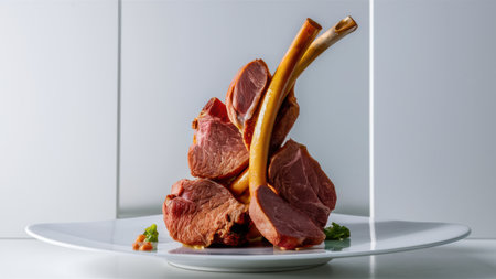 A plate of meat on a white square dish with green garnish, AIの素材