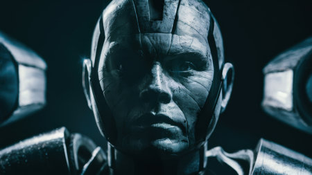 A close up of a man with metal armor on his face, AIの素材