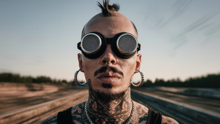 A man with piercings and tattoos wearing sunglasses on a train track, AIの素材