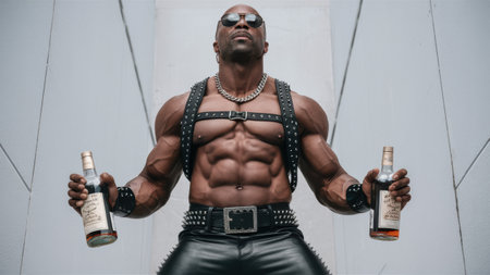 A man in leather pants holding two bottles of alcohol, AIの素材