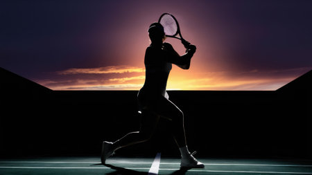 A silhouette of a woman holding her tennis racket on the court, AIの素材