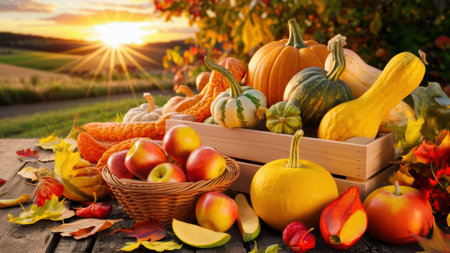 A wooden crate filled with various types of fruits and vegetables, AIの素材
