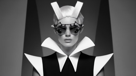 A woman with white hair and a black dress is wearing sunglasses, AIの素材