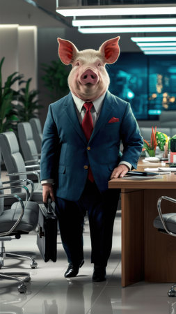 A pig in a suit and tie standing at an office desk, AIの素材