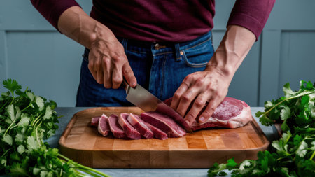 A man cutting meat on a wooden board with knife and herbs, AIの素材