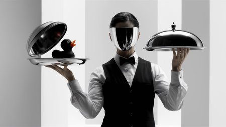A man in a mask holding trays with duck and rubber chicken, AIの素材