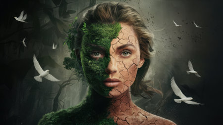 A woman with a face of green and white birds flying around her, AIの素材