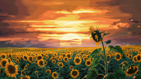 A large field of sunflowers with a sunset in the background, AIの素材