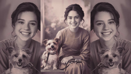 A woman with a dog sitting on her lap in front of two pictures, AIの素材