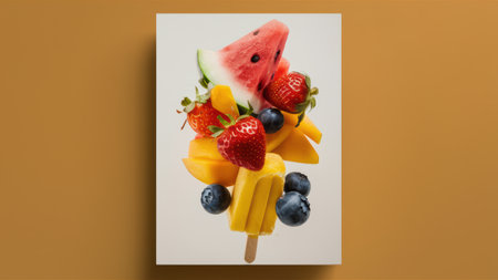 A picture of a poster with fruit on it and some water, AIの素材