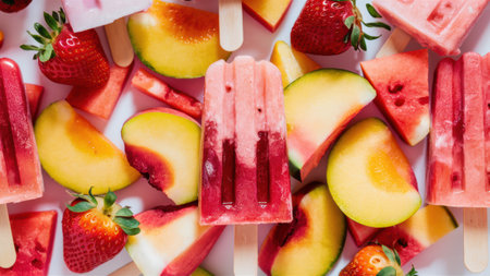 A bunch of popsicles with fruit on them are sitting next to each other, AIの素材