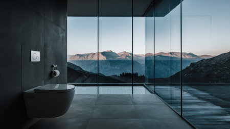 A bathroom with a large window overlooking the mountains and snow, AIの素材