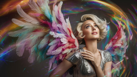 A woman with angel wings and a dress in front of colorful swirls, AIの素材