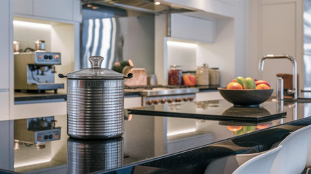A kitchen with a black counter top and stainless steel appliances, AIの素材
