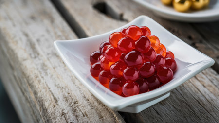 A bowl of caviar or jelly beans on a wooden table next to some gold balls, AIの素材