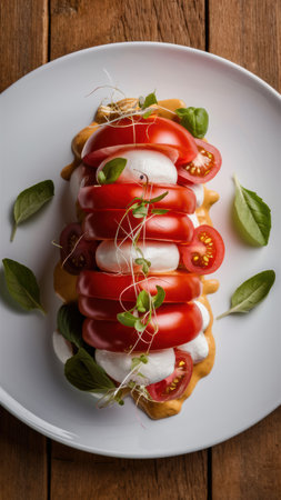 A plate of a white dish with tomatoes and leaves on it, AIの素材