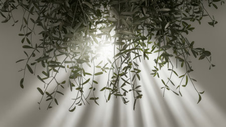 A bunch of leaves hanging from a ceiling with sunlight coming through, AIの素材