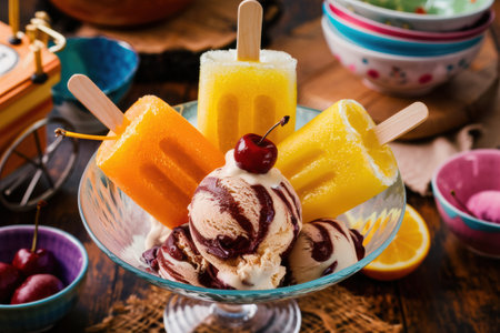 A bowl of ice cream with fruit and popsicles on a table, AIの素材