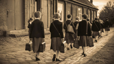 A group of children walking down a brick road with their backpacks, AIの素材