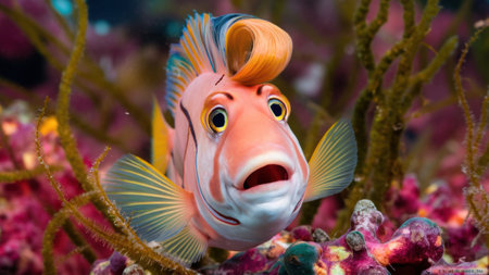 A clown fish with a wig on its head swimming in the ocean, AIの素材