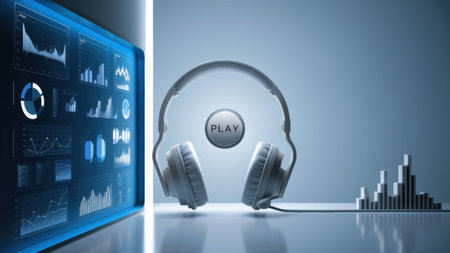 A computer screen with a graph and headphones on it, AIの素材