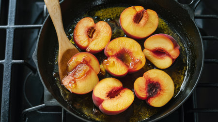 A pan with peaches and a wooden spoon in it, AIの素材