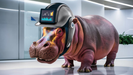 A hippo wearing a helmet with an electronic device on its head, AIの素材