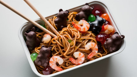 A container of noodles and shrimp with chopsticks in it, AIの素材