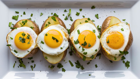 A plate with four eggs on top of potatoes and herbs, AIの素材