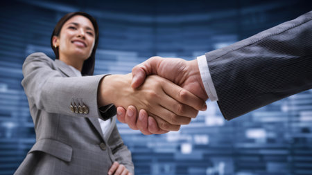 A woman in business suit shaking hands with a man, AIの素材