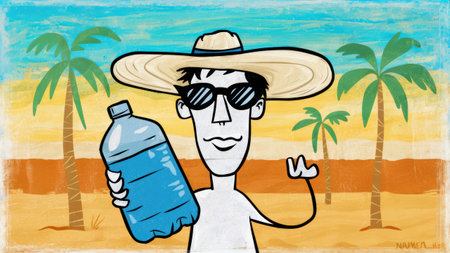 A cartoon drawing of a man in sunglasses holding up a bottle, AIの素材