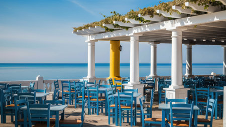 A large number of tables and chairs are set up on a patio, AIの素材