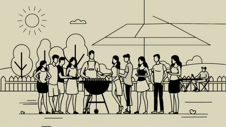 A group of people standing around a grill in the park, AIの素材