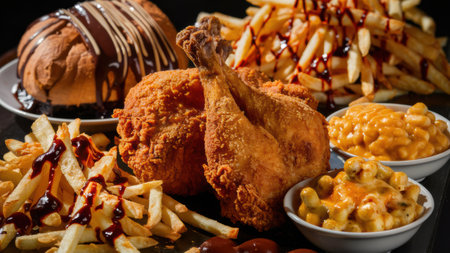 A table topped with a variety of food including chicken, fries and macaroni, AIの素材