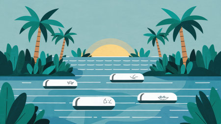 A cartoon illustration of a river with floating objects and palm trees, AIの素材