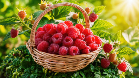 A basket of raspberries in a garden with green leaves, AIの素材