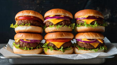A tray of a bunch of hamburgers stacked on top of each other, AIの素材