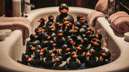 A large bathtub filled with black rubber ducks in a bathroom, AIの素材