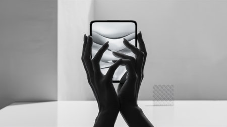 A person holding a cell phone in their hands with the screen facing up, AIの素材