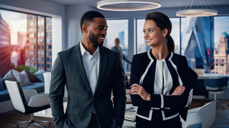 A man and woman standing in an office with large windows, AIの素材