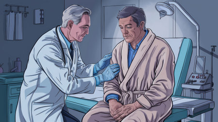 A cartoon of a doctor examining an older man in the hospital, AIの素材