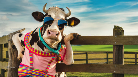 A cow with sunglasses and a tie leaning against the fence, AIの素材