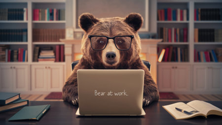 A bear in glasses sitting at a desk with laptop open, AIの素材