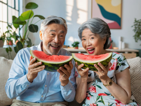 An older couple holding up slices of watermelon on a couch, AIの素材